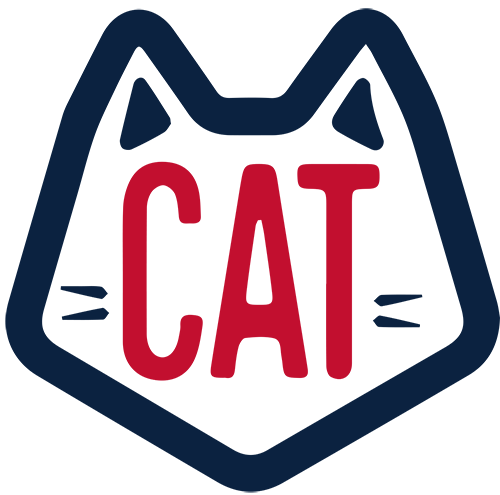Logo with the word "CAT" inside the outline of a cat's head