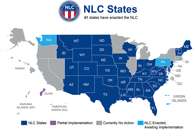 map of the United States showing NLC participation by state, with most states in dark blue for full implementation, a few in gray with no action, Pennsylvania in light blue for enacted but awaiting implementation, and Guam in purple for partial implementation