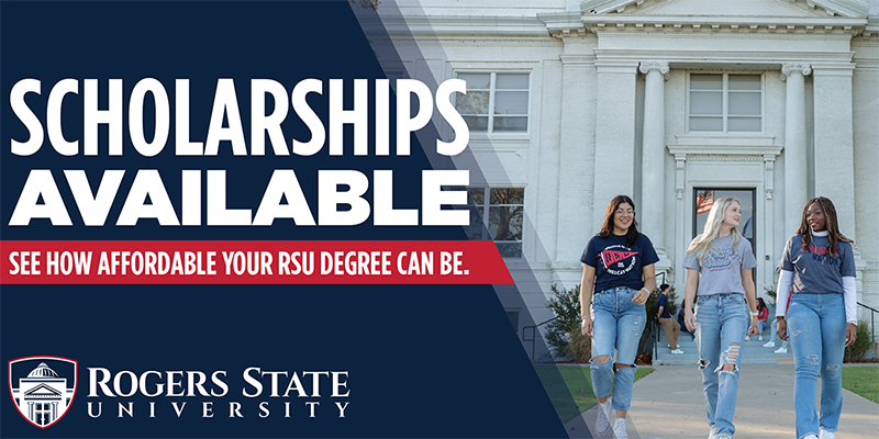 three students walking in front of a white academic building with large text reading “Scholarships Available” and the Rogers State University logo