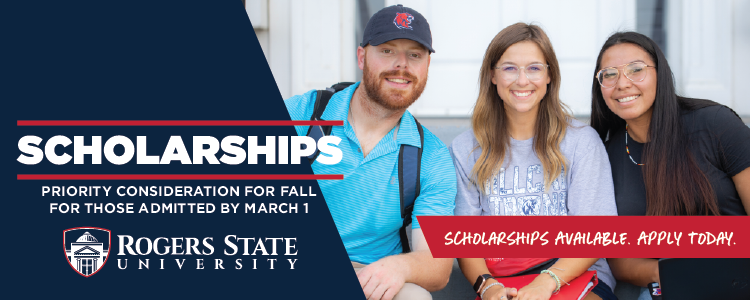 three students smiling while sitting outside with text promoting scholarships from rogers state university