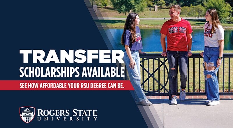 three students talking by a black metal railing with a pond in the background and text promoting transfer scholarships from rogers state university