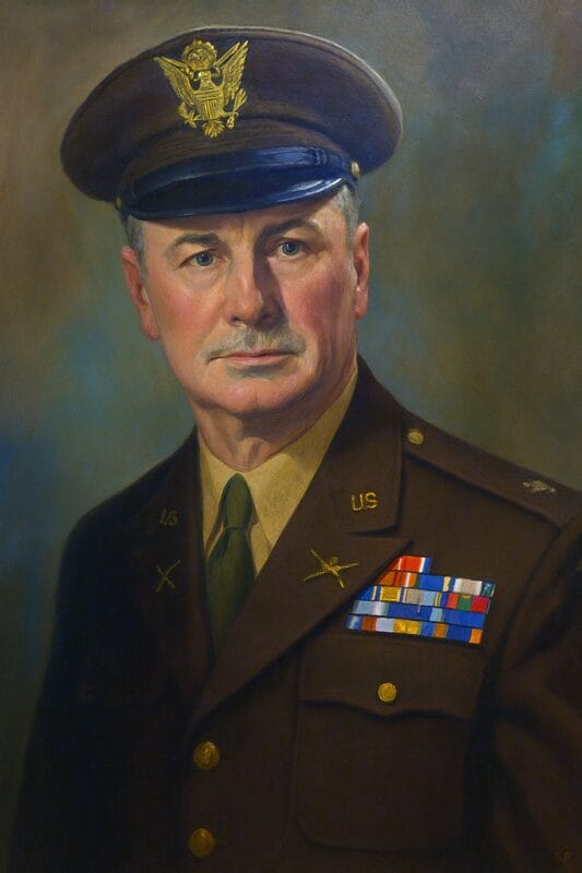 Portrait painting of a stern-faced U.S. Army officer in a brown military uniform with a gold eagle insignia on his hat. He wears multiple colorful service ribbons on his chest and has crossed rifle pins on his lapel, indicating infantry. The background is a soft blend of muted greens and blues.