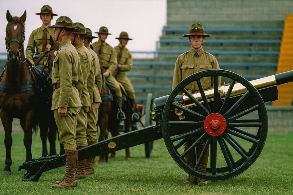 Group of uniformed soldiers in historical military attire standing in formation on a grassy field next to a large ceremonial cannon, with horses and bleachers in the background.