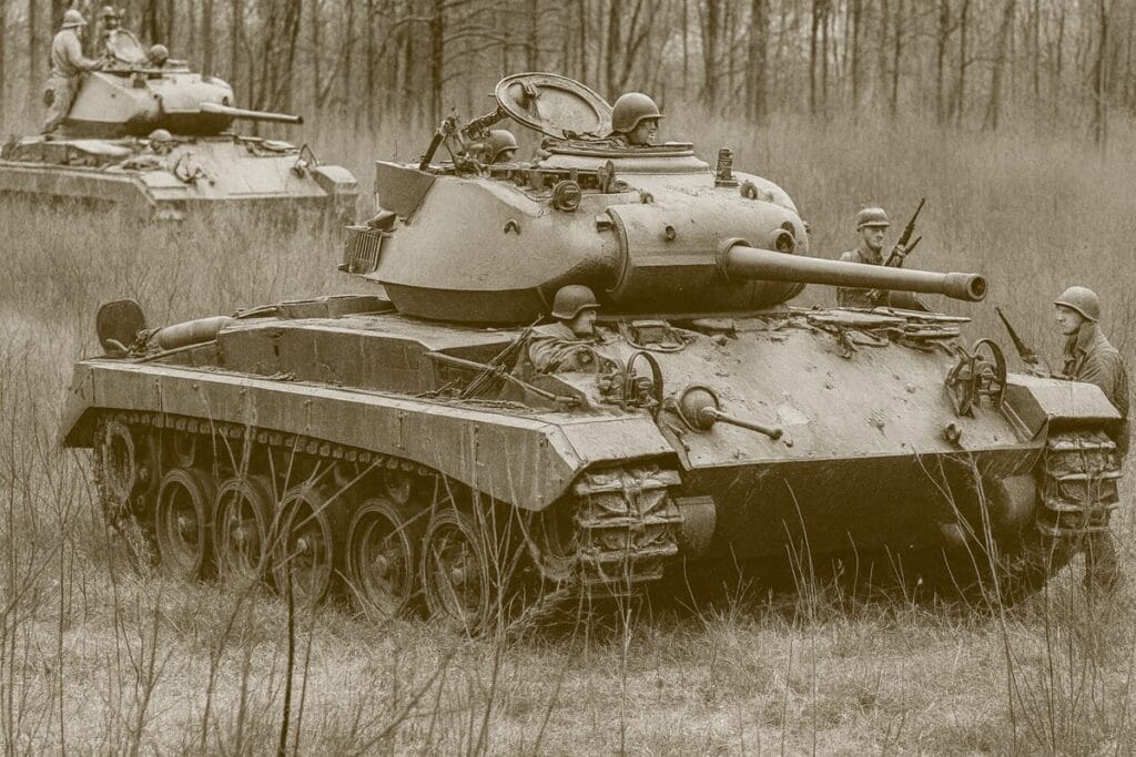 Sepia-toned image of two military tanks in a grassy, wooded area. Several soldiers in helmets are positioned inside and around the tanks, some holding rifles. The tank in the foreground is prominent, with visible treads and a long barrel. Trees without leaves fill the background.
