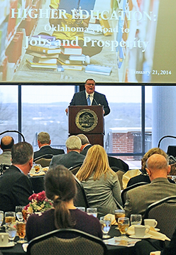 Chancellor Glen D. Johnson presented the Oklahoma State Regents for Higher Education's FY 2015 legislative agenda to an audience of lawmakers, community leaders and educators at Rogers State University's Centennial Center Ballroom.