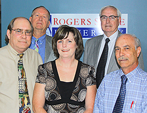 (from left) Dr. Bert Tollison, Department Head and Professor; Dr. Thomas Carment, Professor; Julie Healy, OAE scholarship winner; Dr. Bruce Garrison, Dean of the School of Business and Technology; and Dr. Massood Saffarian, RSU Associate Professor and OAE Program Coordinator.