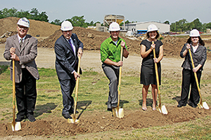 Breaking ground during for new student housing during Tuesday's event were, from left: Tim Sortore, Vice President for Operations, Key Construction; RSU President Dr. Larry Rice; Garrett Grivette, an RSU housing resident assistant from Hartshorne; Kyla Short, Director of RSU Residential Life; and Lisa Quinnelly, Senior Project Manager with KSQ Architects. 