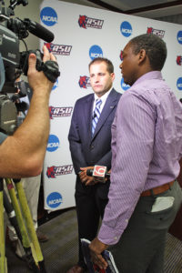 RSU Athletics Director Ryan Erwin is interviewed by the media following announcement of RSU's acceptance into NCAA Division II. 