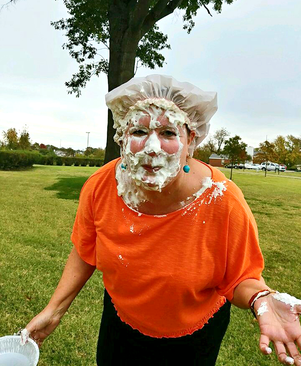 Dr. O'Malley with pie on her face.