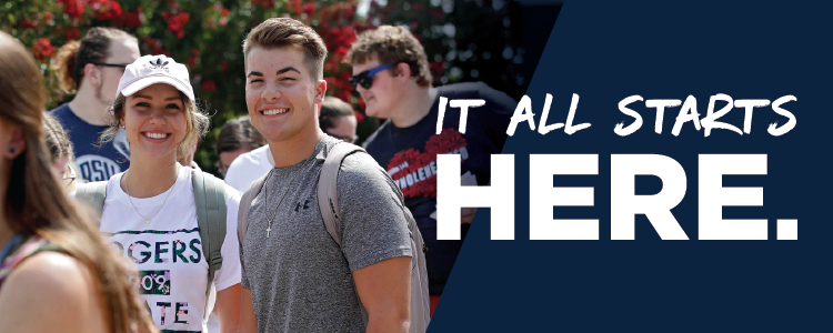 group of students outside on campus smiling - It all starts here text.
