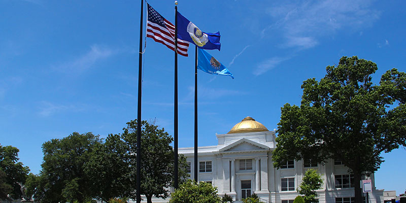 prep hall with flags flying above