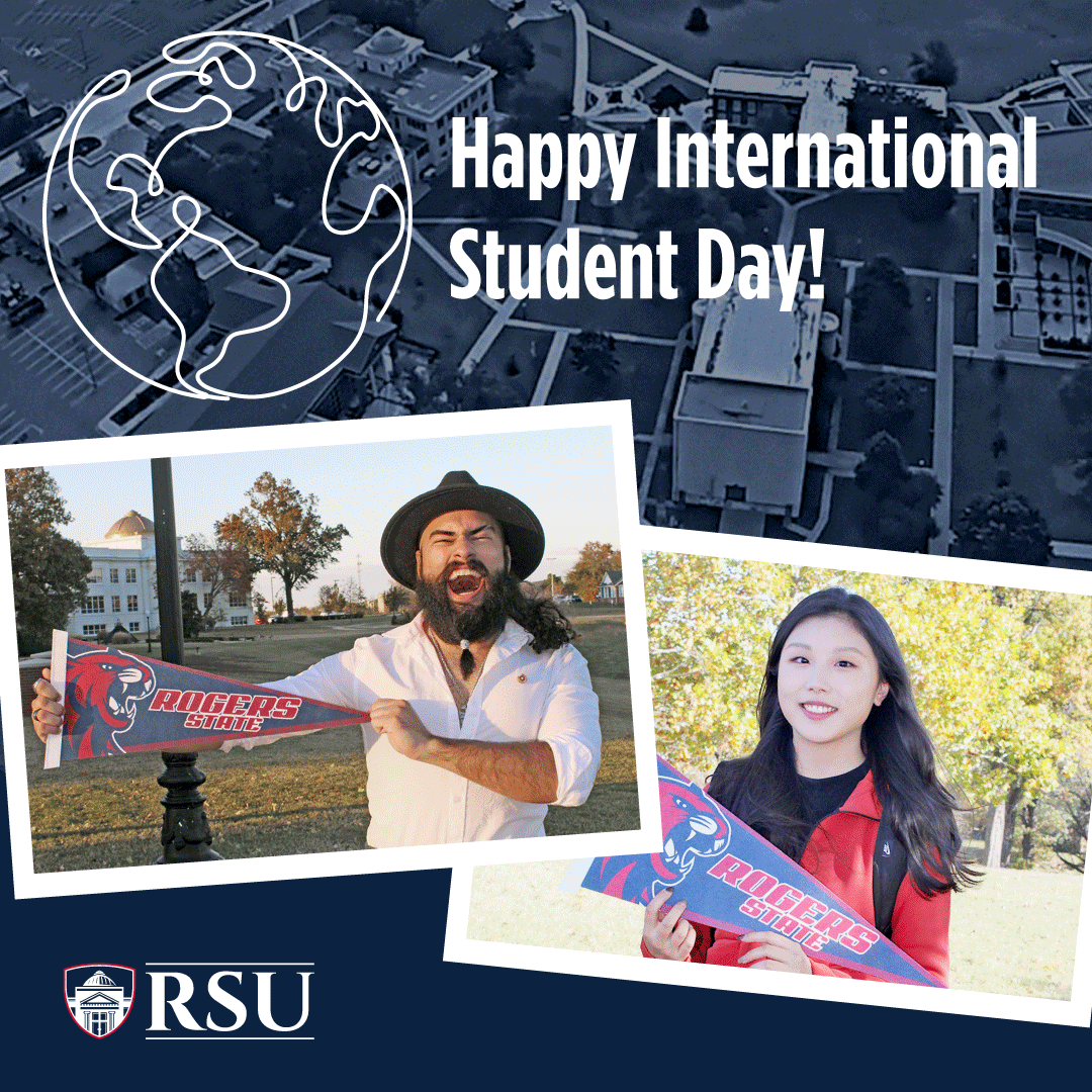 international students holding rsu pennants