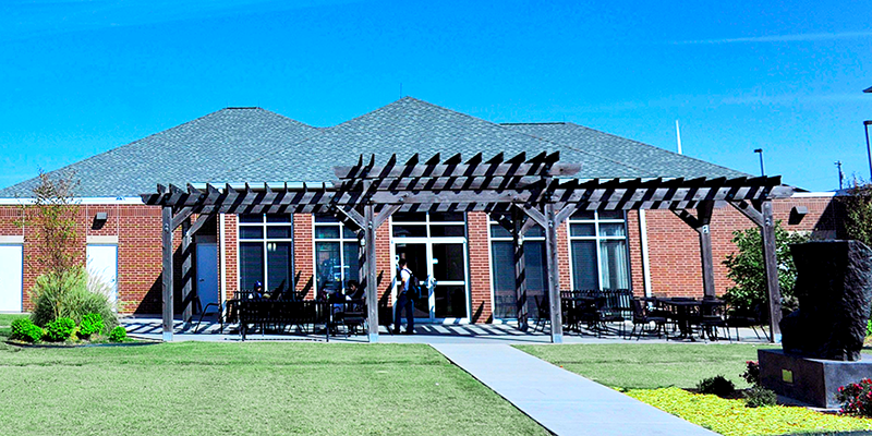 brick building with pergola