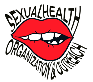 cartoon mouth biting lip with words Sexual Health Organization & Outreach