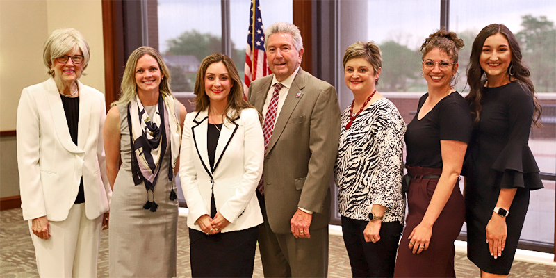 (Pictured from Left) RSU First Lady Peggy Rice, Amy Fortna, Oklahoma First Lady Sarah Stitt, RSU President Dr. Larry Rice, Ginny Morgan, Sara Wallace, Cassidy Beck.