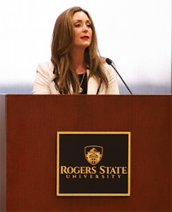 First Lady Sarah Stitt addresses the audience during the Women for RSU kickoff event on Thursday, April 28