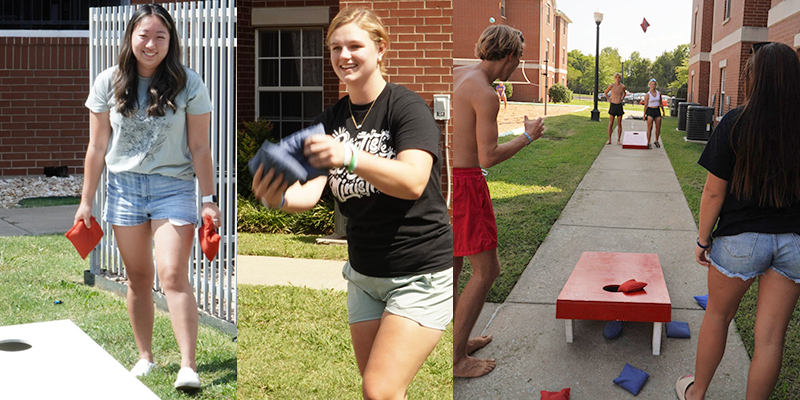 collage of students playing cornhole