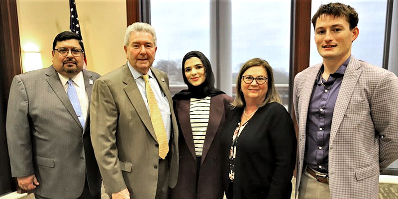 Among the attendees at the RSU Claremore Scholarship Foundation Breakfast were Steve Valencia, vice president for development, RSU Office of Development, RSU President Dr. Larry Rice, Foundation scholarship recipient Fawzieh Hamdar, Tonni Harrald, senior director of development, RSU Foundation, and Nick Harris, RSU Foundation chairman.