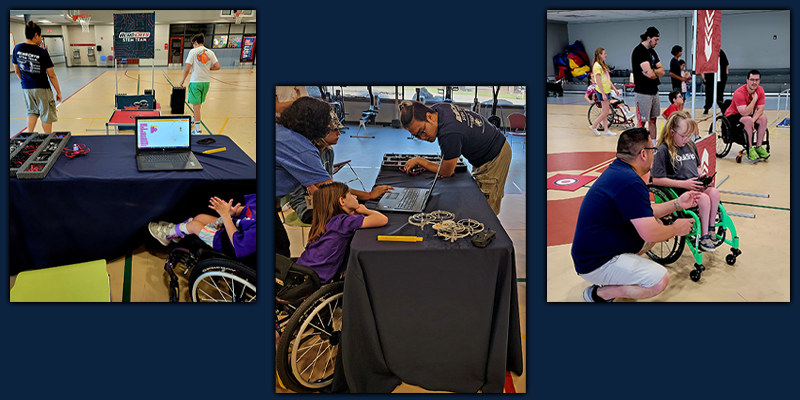 group photo of kids in wheelchairs and volunteers at stem camp