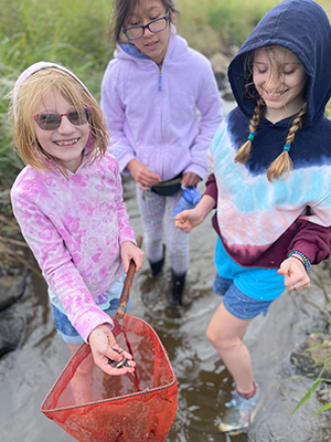 girl holding bug from creek