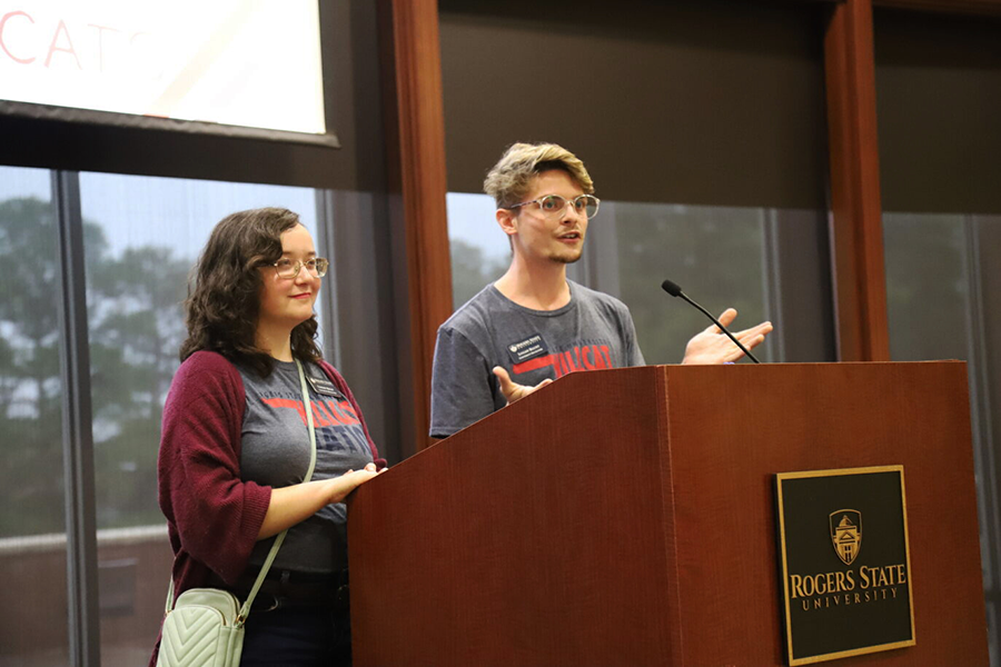 University recruiters Tiffany Kelly and Logan Blunt chat with high school counselors and administrators present at RSU’s Counselors and Administrators Luncheon Oct. 24 in the Dr. Carolyn Taylor Center Ballroom at RSU in Claremore.