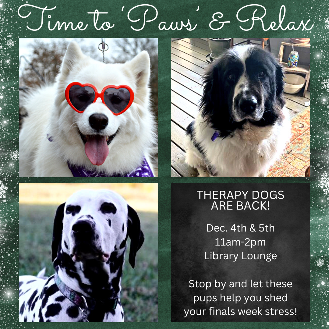Monday, Dec. 4 and Tuesday, Dec. 5 | 11 am - 2 pm | Library Lounge (2nd floor)

Therapy dogs are back! Stop by the library before, between, or after your finals to visit the most precious of floods and let them help you shed the stress of finals!