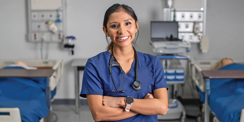 student nurse in hospital training room