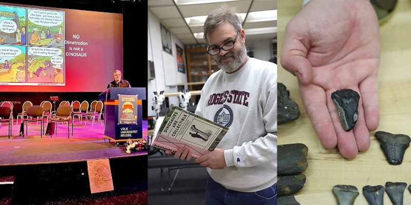 Man giving speech at podium. Man reading book. Hand holding dinosaur tooth.