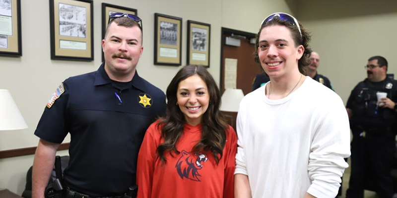 Rogers County Sheriff’s Office Deputy Jacob York (left) visits with CJS President Summer Tate and Vice President Colton Cox at the March 13 “RSU Coffee With a Cop” event.
