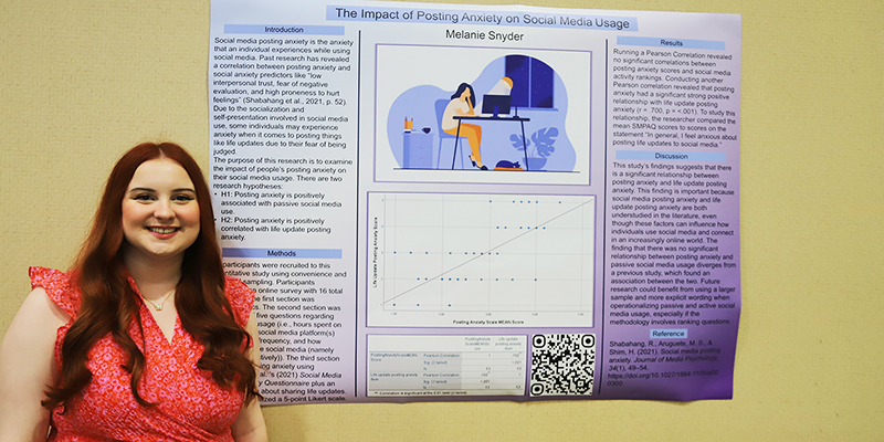 Claremore native Melanie Snyder’s capstone topic was “The Impact of Posting Anxiety on Social Media Usage.” Snyder, a psychology major, was one of nearly 50 students displaying their capstone research presentations at Spring 2024 Capstone Day for the Department of Psychology and Sociology, and the Department of Biology at Rogers State University.