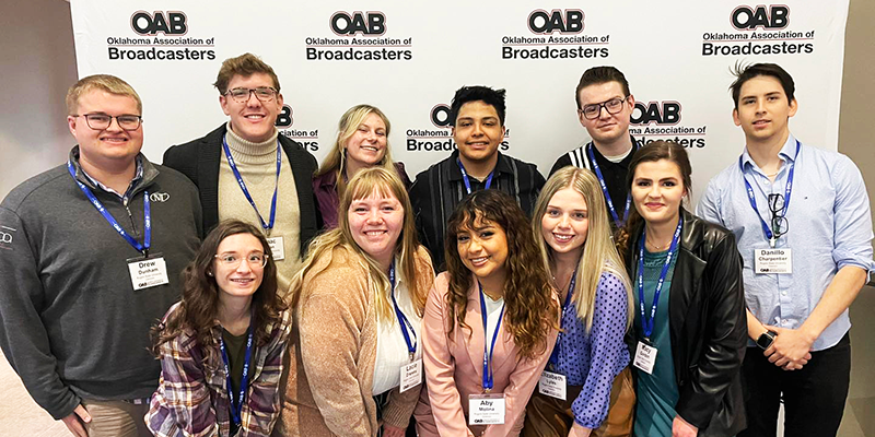 RSU Radio and RSU Communications students recently traveled to the Oklahoma Broadcast Association Conference in Tulsa. RSU attendees were Andrea Cosper (front, from left), Lacie Drewes, Aby Molina, Elizabeth Lyles and Macy Gordon; Drew Dunham (back, from left), Isaac Dean, Skylar Scott, Cris Loya, Jace Bain and Danillo Pazmino Charpentier.