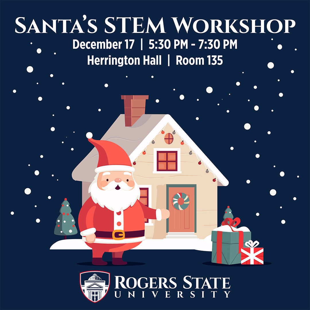 cartoon santa in front of house with presents. Santa's workshop. Dec 17 5:30-7:30 pm