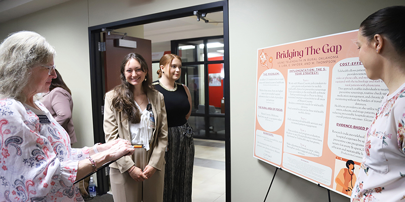 Students and a professor looking at a poster