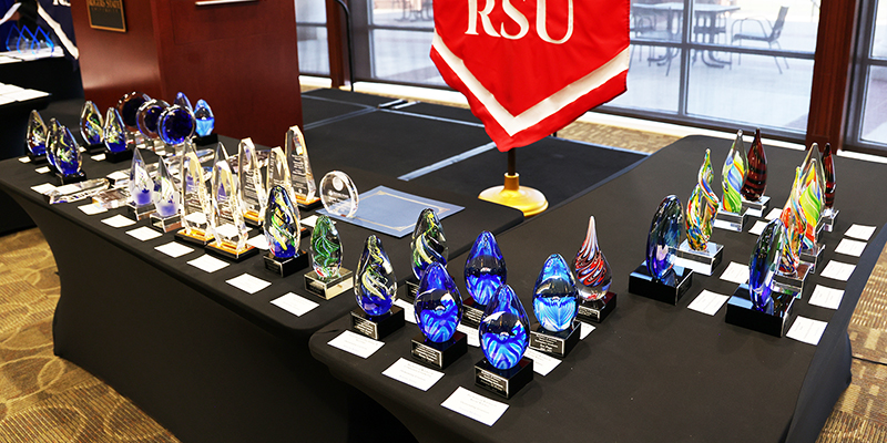A table full of awards