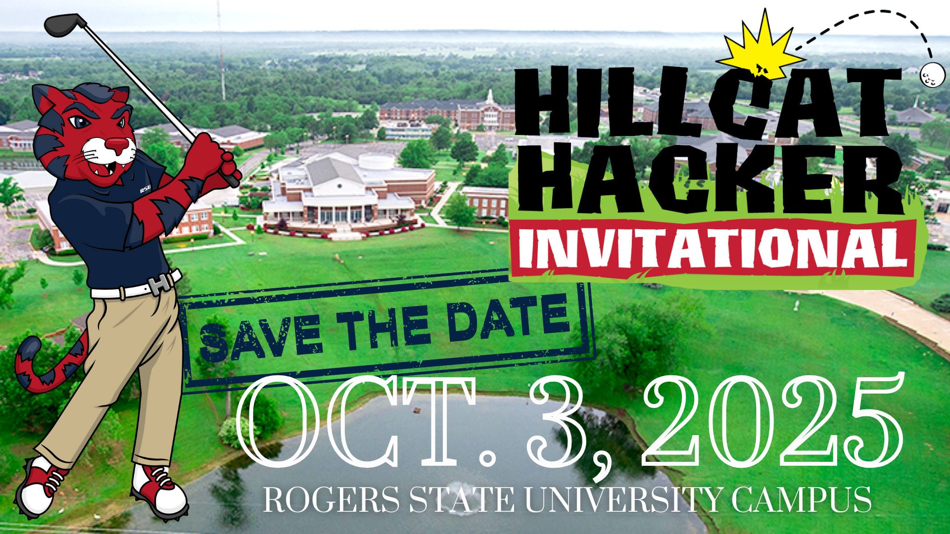 Hillcat mascot golfing. Hillcat Hacker invitational Sept 27